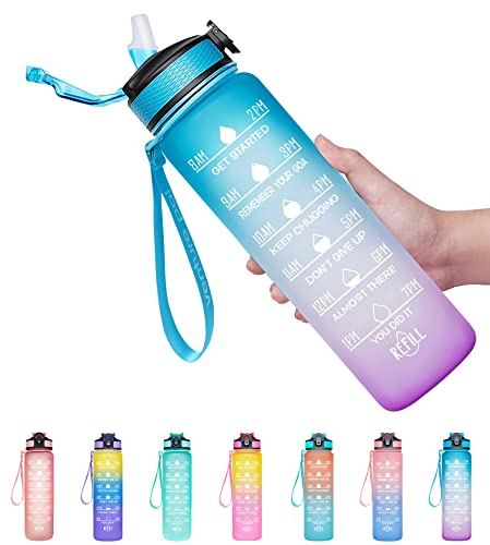 deevudi 32Oz Motivational Fitness Sports Water Bottle With Time Marker&Straw,Large Wide Mouth Leakproof Durable Bpa Free Non-Toxic-Ombre Green Purple (Plastic,Pack Of 1 Bottle),32 fluid_ounce