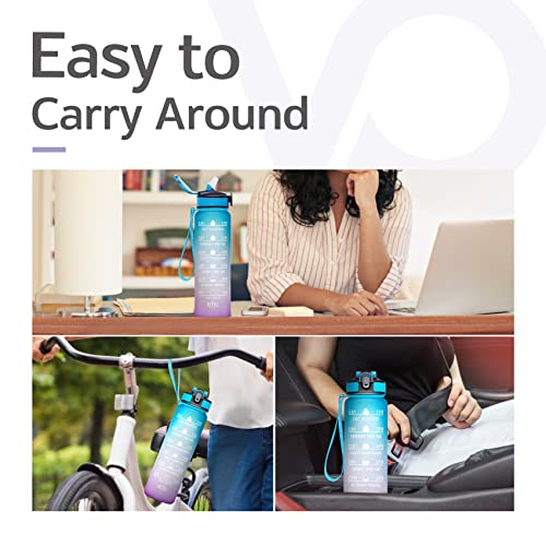deevudi 32Oz Motivational Fitness Sports Water Bottle With Time Marker&Straw,Large Wide Mouth Leakproof Durable Bpa Free Non-Toxic-Ombre Green Purple (Plastic,Pack Of 1 Bottle),32 fluid_ounce