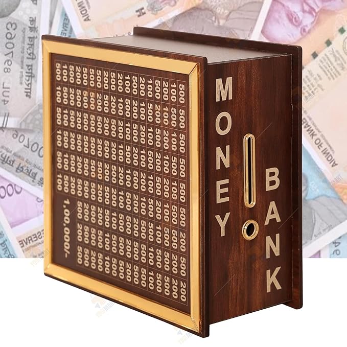 deevudi Money Saving Box for Adults 100000 | Wooden Piggy Bank with Amount Goal | Cash & Coin Storage | Smart Savings Box for Kids & Adults | Carved Design Donation Saver | 1 Lakh Saving Box