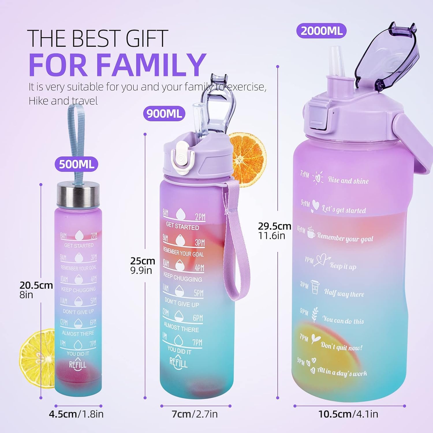 deevudi Motivational Water Bottle Set of 3 With Time & Capacity Marker, Leakproof, BPA-free Straw bottle for Home, Office, School & Gym (2L, 900ml & 280ml, Color- Multicolor)