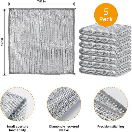 deevudi 5 Pack Non Scratch Dish Wash Cloth & 2 Gaps Cleaning Brush, Multipurpose Wire Dishwashing Rags for Wet and Dry, Easy Rinsing, Reusable, Mesh Wire Cloth for Kitchen, Sinks, Pots, Pans